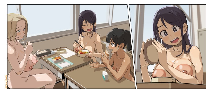 3girls artist_name bento black_hair blonde_hair blush breasts casual casual_exposure casual_nudity chopsticks classroom closed_mouth commentary_request commission completely_nude dark-skinned_female dark_skin desk eating female food geso_smith highres holding holding_chopsticks holding_food human large_areolae large_breasts long_hair medium_hair mole mole_on_breast multiple_girls naked naked_female naked_with_friends naked_woman nipples nonsexual_nudity nude nude_female nude_woman nudist oerba_yun_fang open_mouth original pale_skin public school_desk schoolgirl short_hair sitting skeb_commission smile twitter_username wholesome window zenra