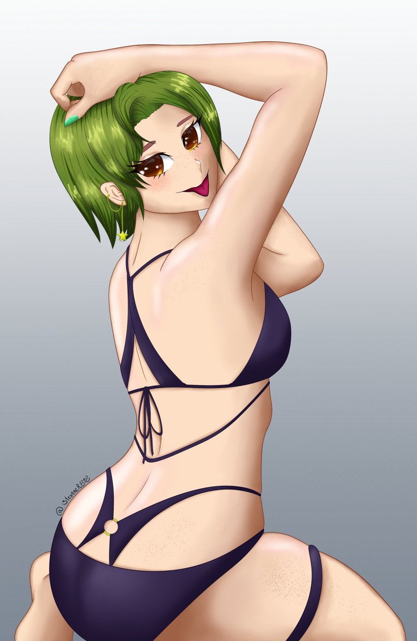 arms_up artist_name artist_signature bikini bikini_top brown_eyes colombian ear_piercing earrings female female_focus flat_chest freckles freckles_on_thighs green_hair green_nails hispanic hispanic_virtual_youtuber indie_virtual_youtuber latam_virtual_youtuber light-skinned_female light_skin looking_at_viewer ryumi ryumivt short_hair simple_background sitting sitting_on_knees sling_bikini slingshot_swimsuit small_breasts swimsuit tongue tongue_out twitch twitch.tv two_piece_swimsuit violet_bikini violet_swimsuit virtual_youtuber vtuber yellow_eyes youtube youtube_hispanic