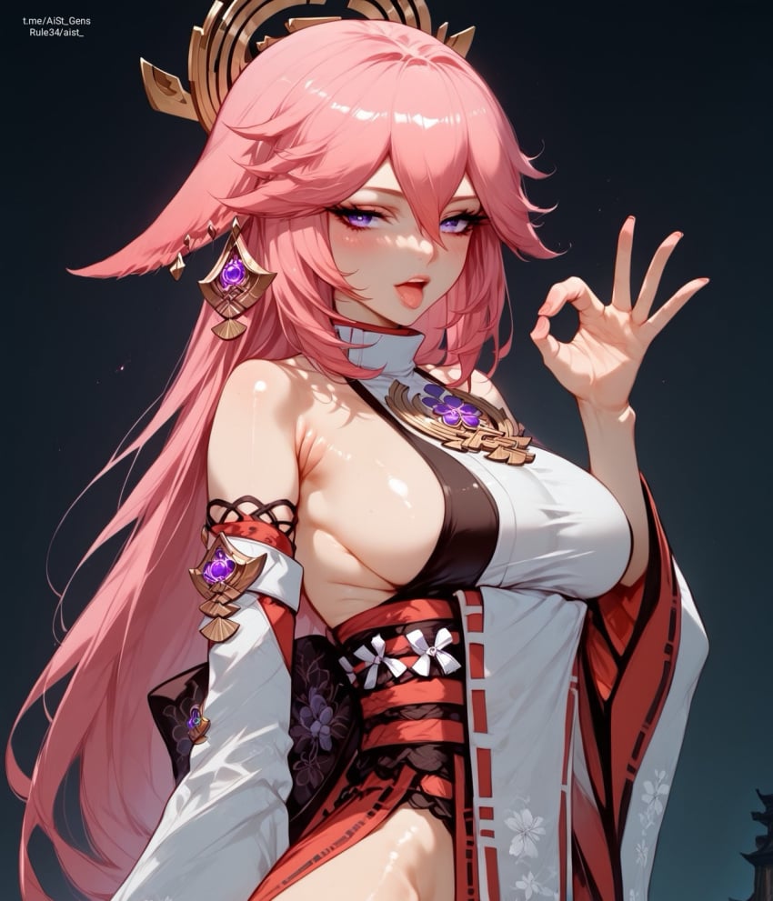 ai_generated aist_ animal_ears bangs bare_shoulders black_background blush breasts detached_sleeves fellatio_gesture female fox_ears genshin_impact hair_between_eyes japanese_clothes large_breasts long_hair looking_at_viewer open_mouth pink_hair purple_eyes sash sideboob smile solo tongue uncensored very_long_hair wide_sleeves yae_miko