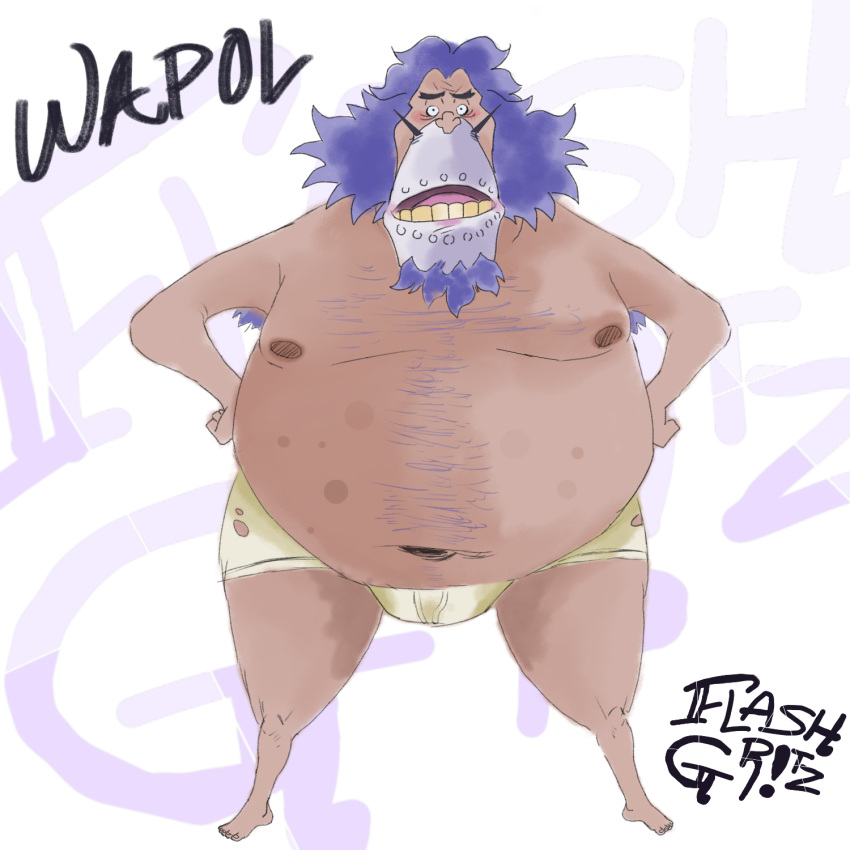 1male chub fat fat_man flashgritz full_body hairy_male male male_only one_piece overweight overweight_male purple_hair solo tagme ugly_man underwear wapol