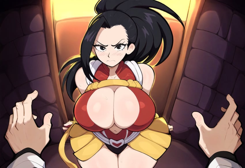 1boy ai_generated angry black_hair cornered duo female imminent_rape large_breasts looking_at_viewer momo_yaoyorozu mullon my_hero_academia novelai pov pov_hands superheroine