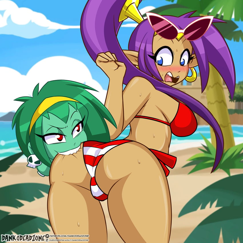 2girls artist_name biting_ass blue_eyes blush dankodeadzone female female_only green_hair green_skin long_hair multiple_girls open_mouth pointy_ears ponytail purple_hair rottytops shantae shantae_(character) tan-skinned_female tan_skin zombie_girl