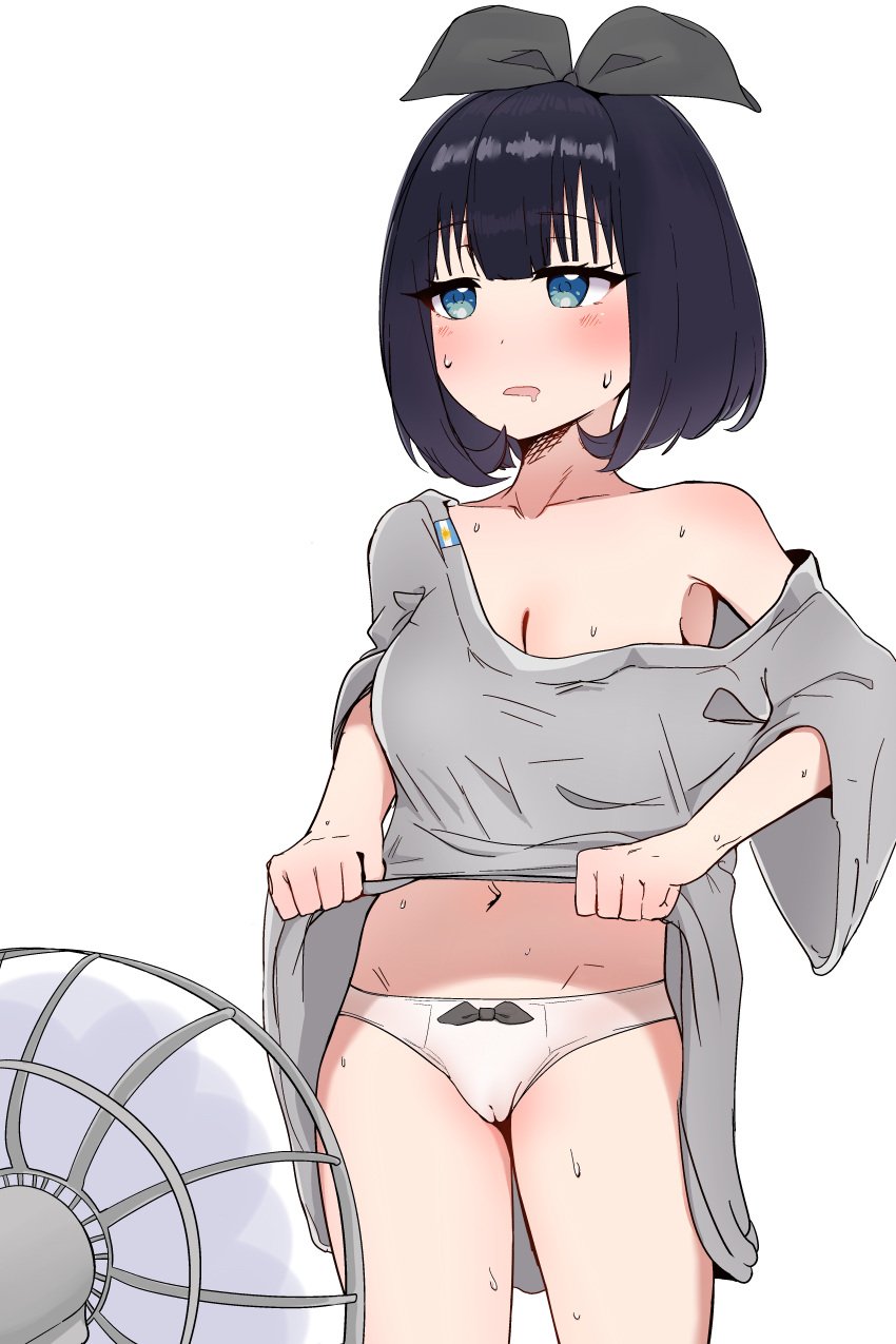 1girls argentine_flag argentinian blue_eyes blue_hair cameltoe electric_fan female female_only hair_ornament hair_ribbon hot_day hungry_mouth indie_virtual_youtuber lifted_by_self lifted_shirt miouvt oversized_shirt petite_body pussy ribbon_panties short_hair sweat virtual_youtuber vtuber white_panties white_shirt white_skin