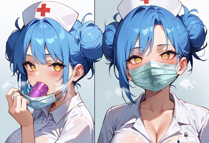 
 ai_generated blue_hair deepthroat deepthroat_gag dildo_gag dildo_in_mouth double_bun gag hair_buns looking_at_viewer nurse nurse_cap nurse_uniform oral_object_insertion panting saliva saliva_drip surgical_mask yellow_eyes