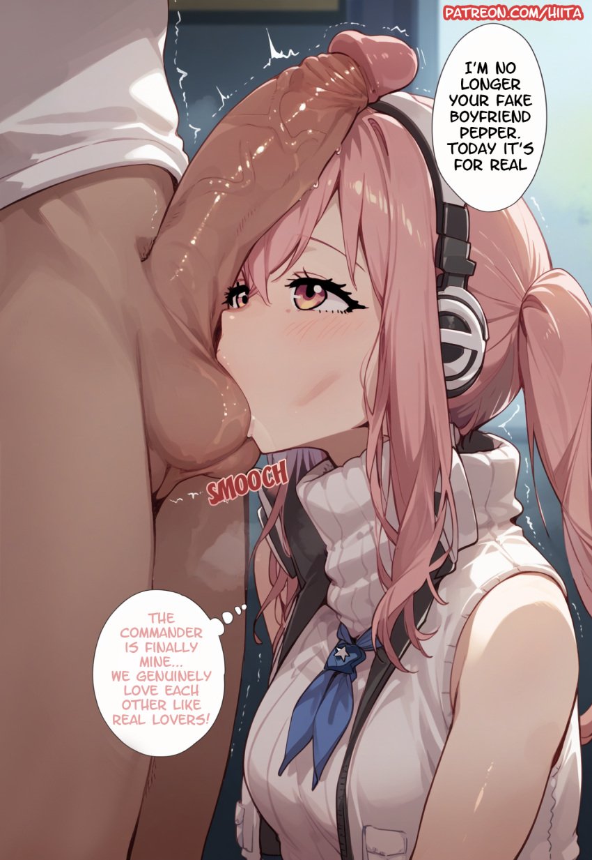 ai_generated commander_(nikke) english_text fellatio goddess_of_victory:_nikke happy hiita_(hitta_99) huge_cock penis_worship pepper_(nikke) pink_eyes pink_hair sucking_testicles testicles