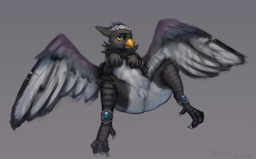 anthro avian azukipuddles bird blue_eyes cuffs_(disambiguation) female flat_chested flower lying magpie on_back plant pussy solo spread_legs spreading temils wings