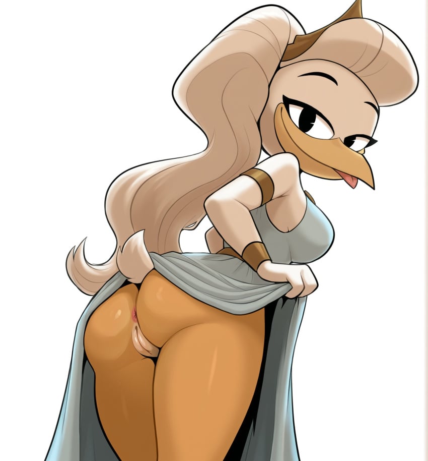 ai_generated anthro avian disney dress dress_lift ducktales ducktales_(2017) furry ponytail pussy selene_(ducktales) solo tongue_out