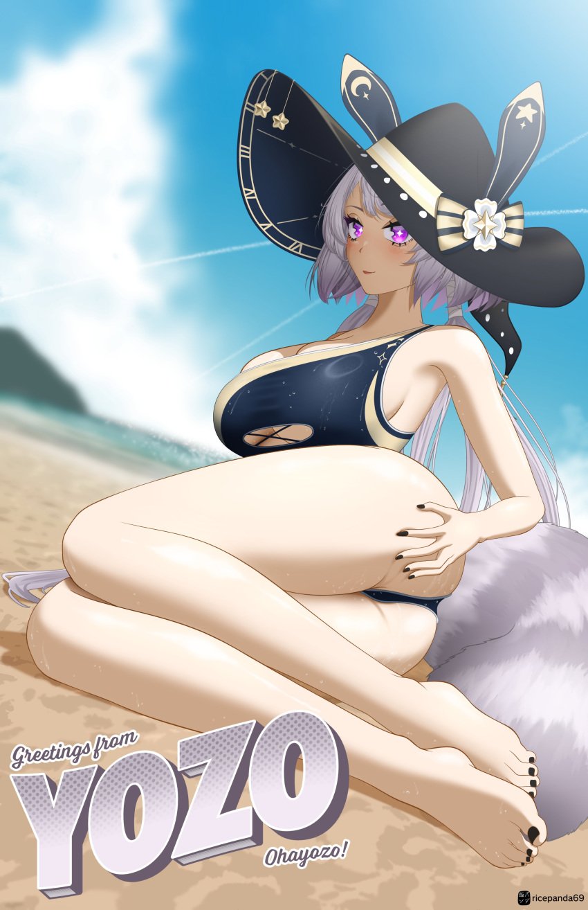 bare_arms bare_ass bare_legs beach black_hat black_nail_polish black_nails blush blushing_at_viewer boob_window bow gray_fur gray_hair greeting grey_fur grey_hair hair_wraps hand_on_butt happy hat indie_virtual_youtuber island large_breasts large_hat legs_together long_hair looking_at_viewer mermaid_pose ocean only_female postcard public purple_fur purple_hair raccoon_girl raccoon_tail ricepanda69 roman_numerals shaded_face sideboob sky smile smiling smiling_at_viewer star_ornament sweat sweatdrop sweating sweaty swimsuit text three_tone_hair twin_braids twintails two_tone_fur virtual_youtuber vtuber white_fur white_hair wizard_hat yozora_aoi