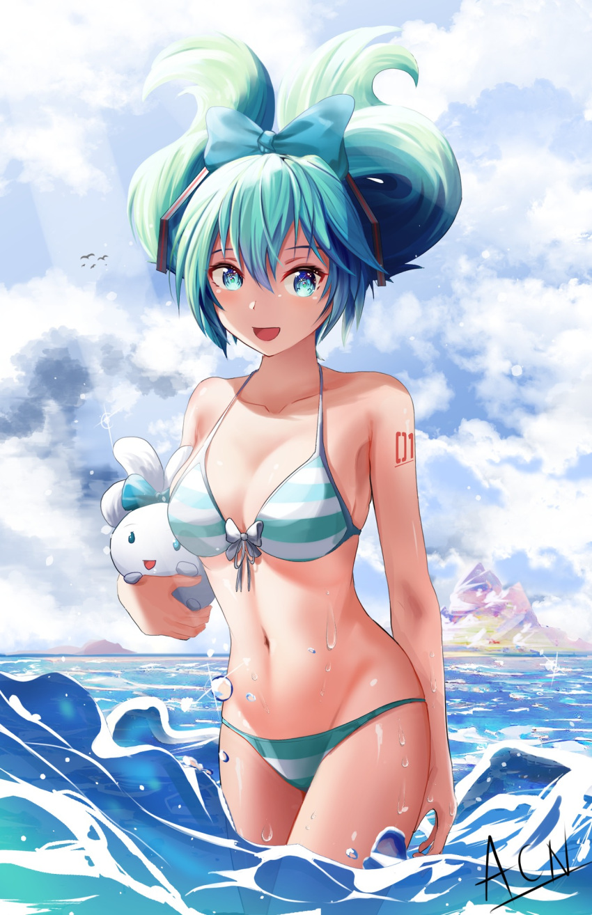 acn bare_midriff beach belly belly_button bikini female hatsune_miku midriff sea solo striped_bikini tummy twintails wet_body