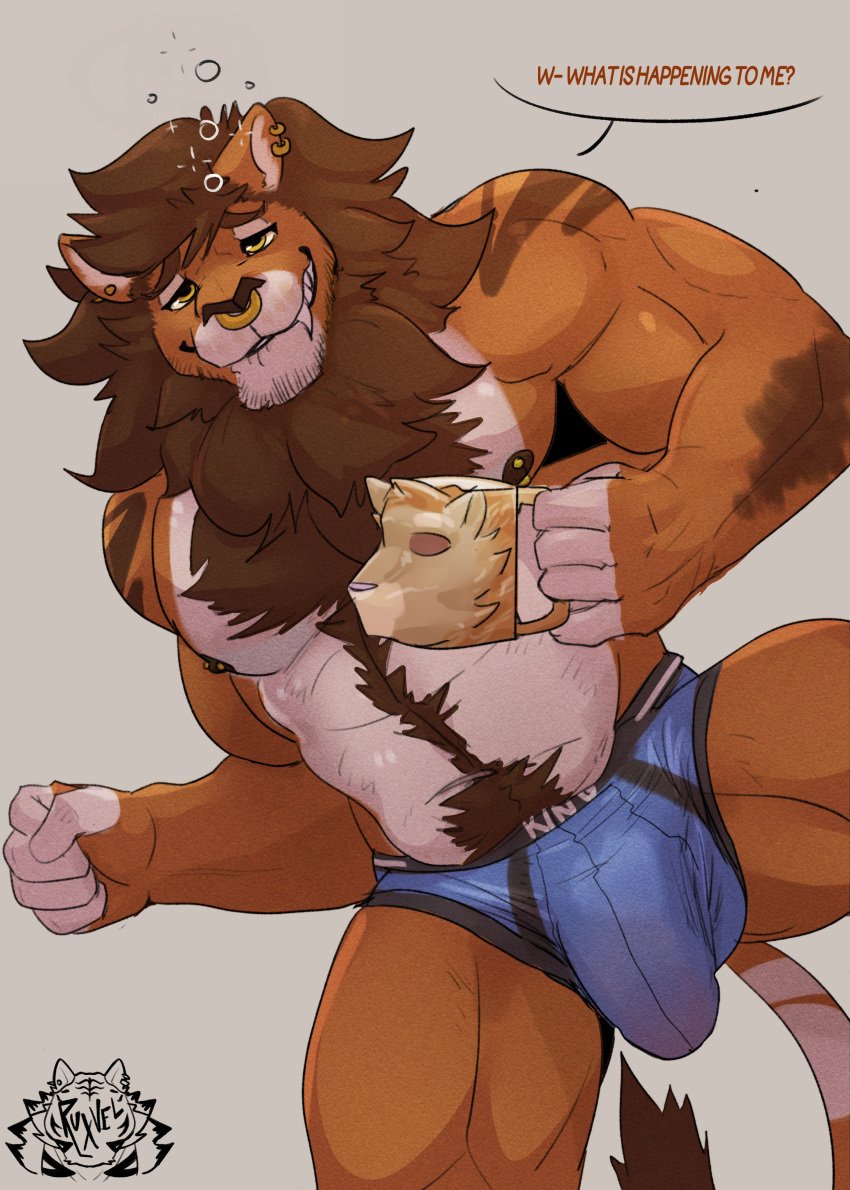 absurd_res anthro arm_hair body_hair bulge chest_hair clothing ear_piercing erection erection_under_clothing felid fur happy_trail hi_res lion looking_at_viewer male mammal muscular muscular_anthro muscular_male pantherine piercing ruxvel simple_background underwear