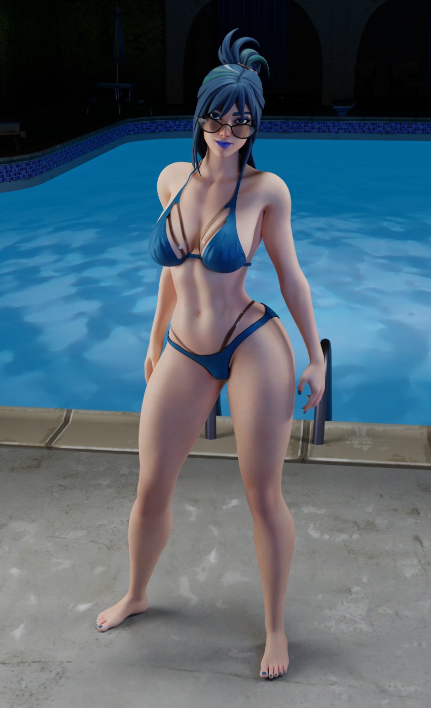 1female 1girls big_breasts big_thighs blue_eyes blue_hair breasts female female_only fortnite fortnite:_battle_royale hope_(fortnite) light-skinned_female light_skin long_hair looking_at_viewer looking_over_eyewear looking_over_sunglasses pool short_hair solo solo_female sunglasses swimming_pool swimsuit swimwear tagme tinted_eyewear zen_art