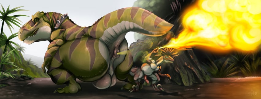 anus ass balls big_balls big_butt claws collar dinosaur dromaeosaurid duo elemental_manipulation fart fart_cloud feet feral fire fire_manipulation genitals halapmir hi_res male male/male penis prehistoric_species raised_tail reptile scalie size_difference spiked_collar spikes tail teeth theropod thick_thighs tyrannosaurid tyrannosauroid tyrannosaurus tyrannosaurus_rex velociraptor