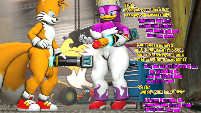 3d 3d_(artwork) absurd_res anthro avian big_breasts bird breasts canid canine clothed clothing dialogue duo female fox fur genitals hi_res hirundinid male male/female mammal oscine passerine penis portal sarah_dellen sarahdellen sega sfm smile sonic_(series) sonic_riders sonic_the_hedgehog_(series) source_filmmaker swallow_(bird) tails tails_the_fox text wave_the_swallow