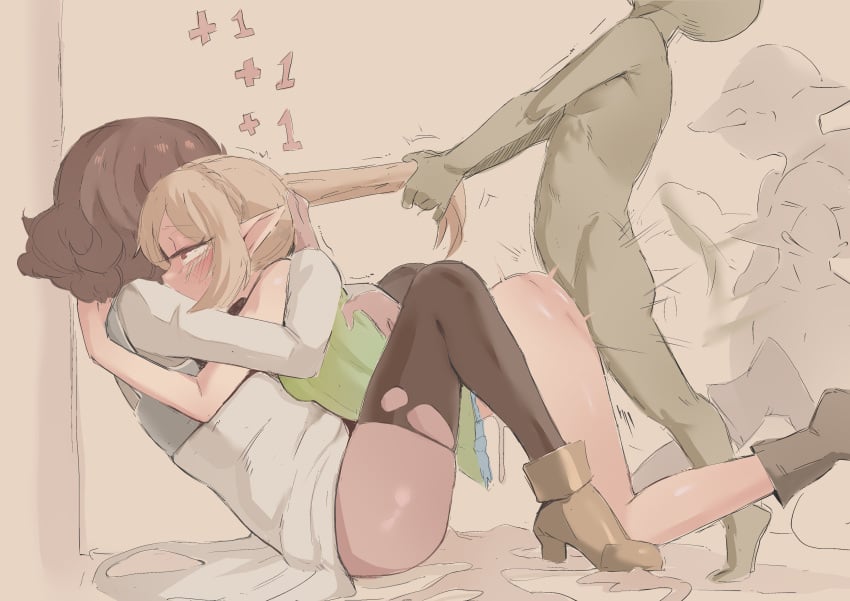 2girls athletic_female balls brown_hair cafin cum cum_in_pussy cum_inside elf_ears girl goblin grabbing_penis hard_on hard_sex hug league_of_legends legs legs_up mating_press oc original_character penis penis_in_pussy sex taliyah thick_legs thick_thighs thigh_highs thighhighs thighs