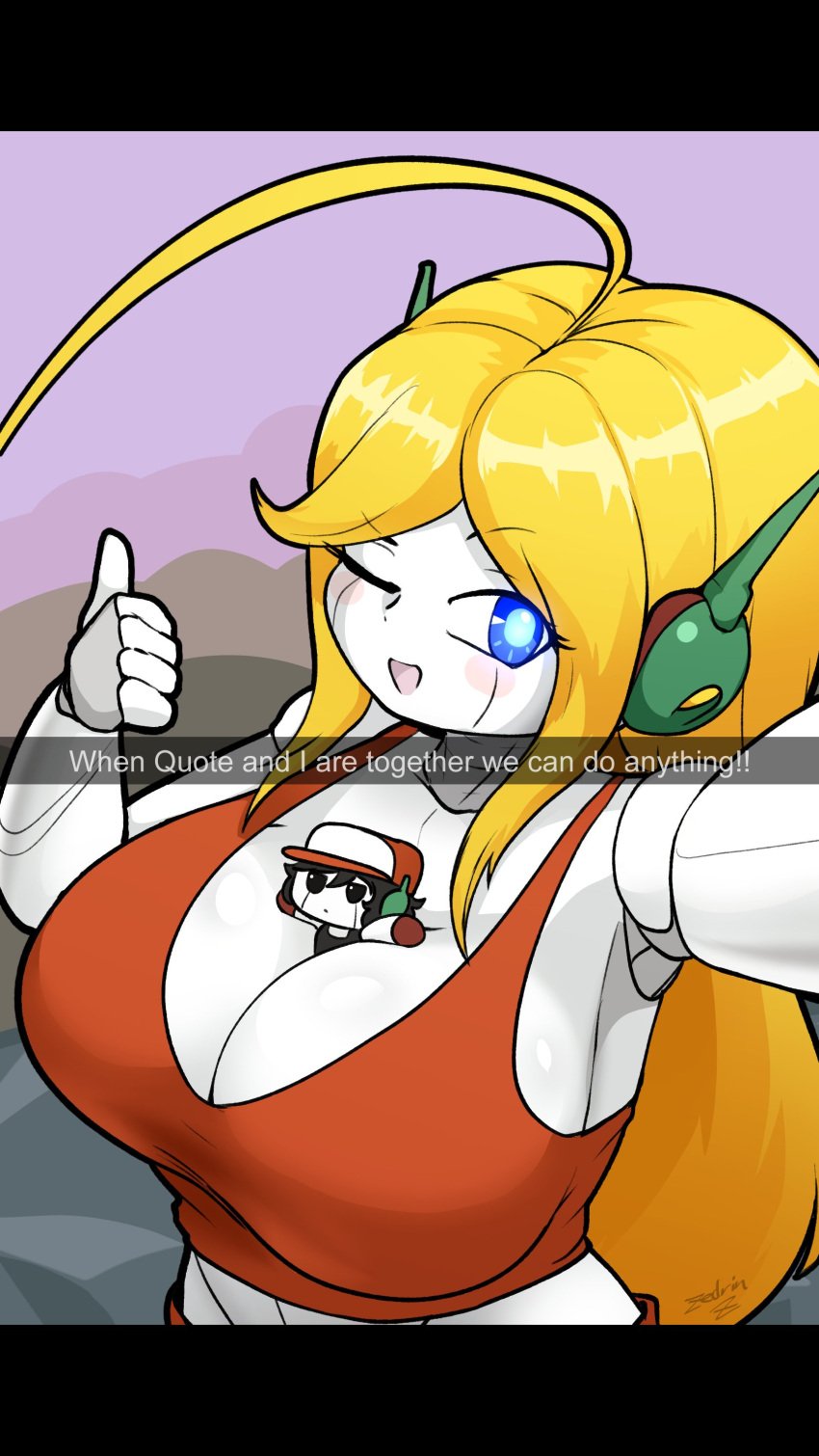 1boy 1boy1girl 1girl android_girl antenae big_boobs big_breasts black_tank_top blonde_hair blue_eyes cave_story curly_brace cute disinterested giantess green_skin micro micro_in_cleavage quote_(cave_story) red_gloves red_hat red_pantsu red_tank_top robot robot_antenna robot_boy selfie stuck_in_body tagme tank_top thumbs_up white winking winking_at_viewer zedrin