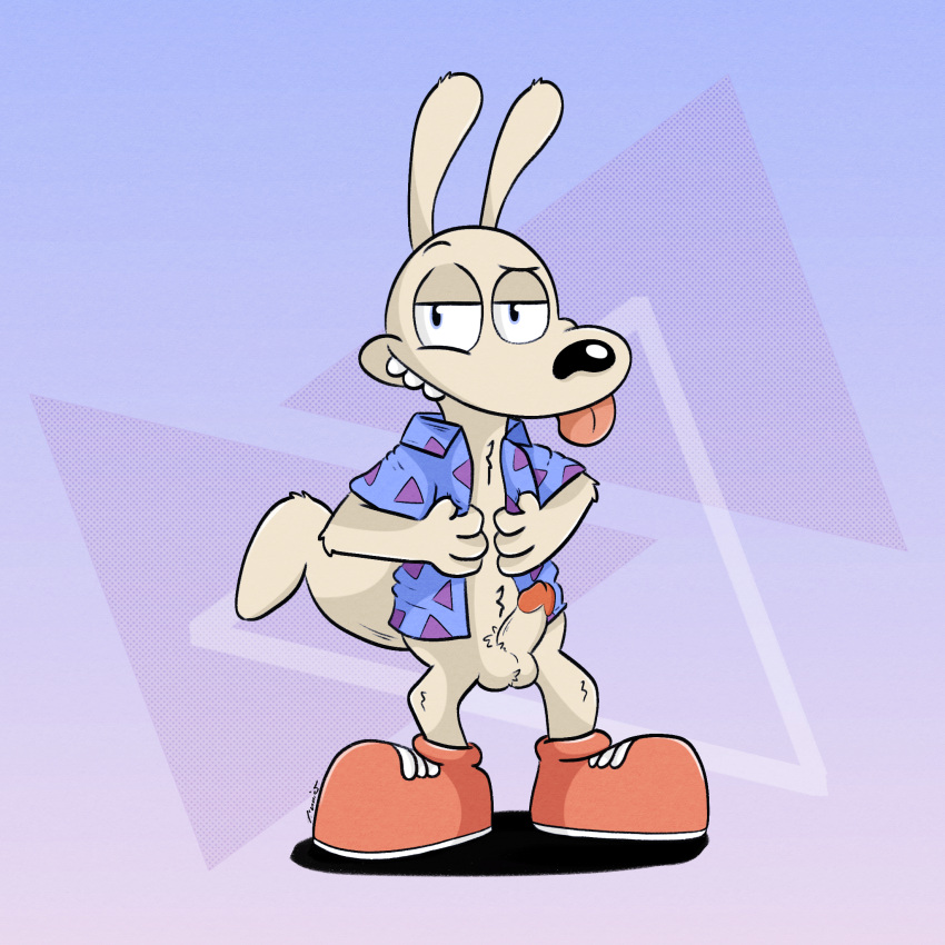 anthro balls blue_eyes clothed clothing clothing_lift erection footwear fur genitals grin hi_res humanoid_genitalia humanoid_penis kangaroo macropod male male/male mammal marsupial narrowed_eyes naughty_face nickelodeon open_clothing open_shirt open_topwear penis rocko's_modern_life rocko_rama shirt shirt_lift shoes simple_background small_penis smile solo standing tan_body tan_fur teeth tinnier tongue tongue_out topwear