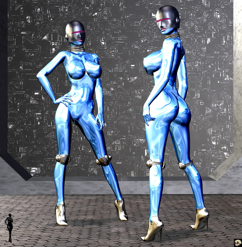 2girls 3d android back_view bald bare_shoulders big_breasts blue_skin busty butt_crack cleavage curvy detailed_background erect_nipple erect_nipples eyelashes female female_only front_view hand_on_hip hands_on_hip hands_on_hips high_heels hourglass_figure humanoid looking_at_viewer looking_back multiple_females multiple_girls naked nude pink_lips pose posing shadow shiny shiny_skin sideboob standing v4enru voluptuous wide_hips xskullheadx