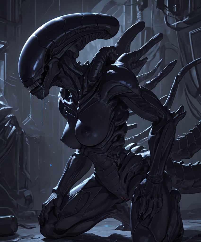 ai_generated alien alien_(franchise) alien_girl alien_humanoid artas9972 breasts darkness monster night pussy pussy_juice pussy_juice_drip saliva saliva_drip wet wet_pussy