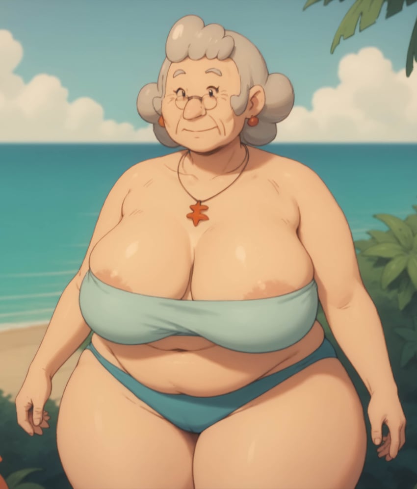 ai_generated anela_(pokemon) arms_by_side bbw beach_background big_breasts bikini chubby chubby_belly chubby_female earrings fupa gilf glasses grandmother granny gray_hair matronai_(artist) necklace overweight overweight_female pokemon public_exposure relaxed relaxed_expression sagging_breasts smiling smiling_at_viewer thick_ass thick_thighs tubetop