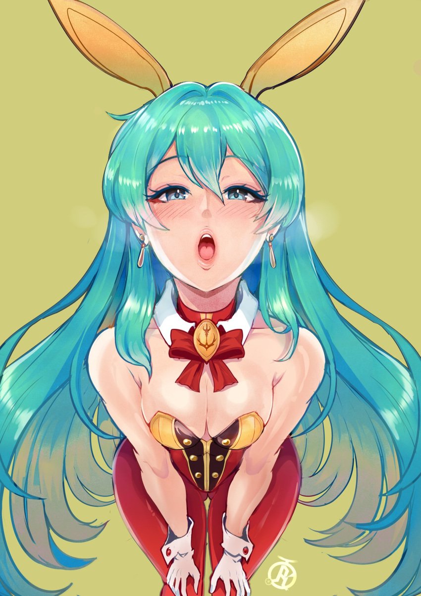 1girls alternate_costume aqua_hair ass_visible_through_thighs bare_arms bare_shoulders bent_over blue_eyes blue_hair breasts bunny_ears bunny_girl bunnysuit cleavage collarbone earrings eirika_(fire_emblem) female female_only fire_emblem fire_emblem:_the_sacred_stones fully_clothed gloves green_background hair_between_eyes hands_on_own_thighs leaning_forward leotard long_hair looking_at_viewer medium_breasts nintendo open_mouth pantyhose revolverwingstudios shoulders solo very_long_hair yellow_background