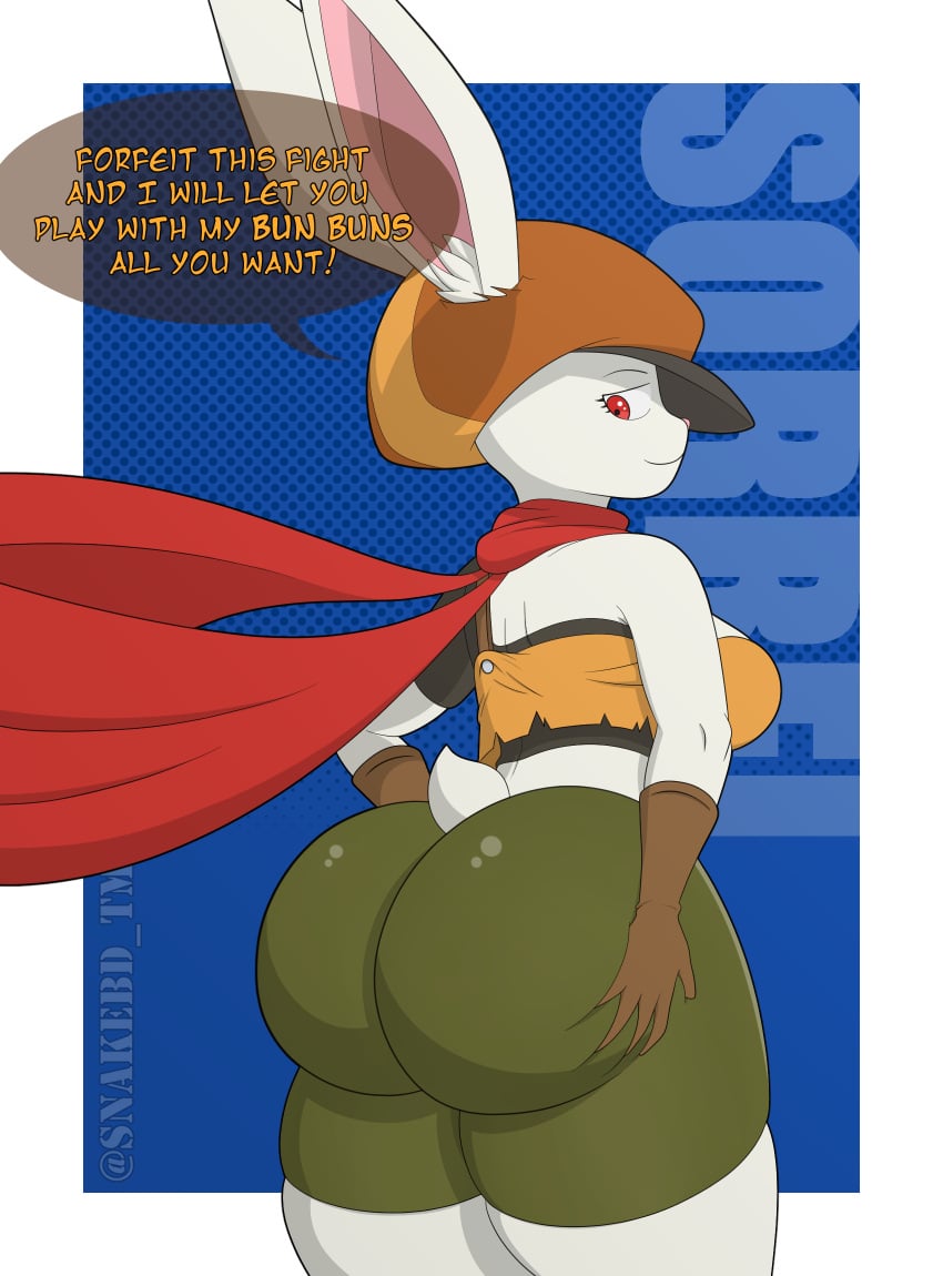 anthro ass big_butt black_clothing black_shirt black_topwear bottomwear breasts brown_clothing brown_gloves brown_handwear bubble_butt clothing crop_top dialogue dragon_ball dragon_ball_super eyelashes female gloves green_short hand_on_butt handwear hat headgear headwear hi_res huge_butt lagomorph leporid looking_back mammal rabbit red_eyes red_scarf scarf scut_tail shirt short_tail shorts side_boob snakebd solo sorrel speech_bubble tagme tail text topwear undershirt white_body yellow_clothing yellow_crop_top yellow_shirt yellow_topwear