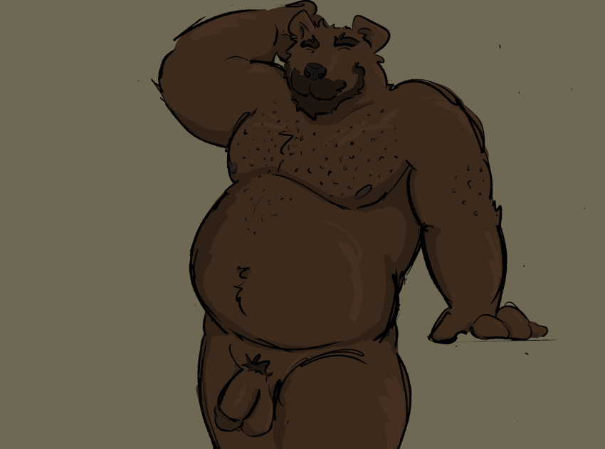 anthro balls bear beard belly body_hair brown_bear dickinoatmeal facial_hair flaccid fur genitals hair hi_res male mammal navel nipples nude overweight overweight_male penis simple_background smile solo ursine