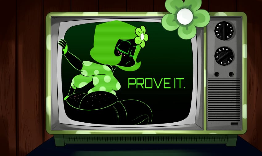 ass big_ass big_butt brain_dump burnbot clothed clothing english_text female flower flower_on_head freckles green_body green_flower green_hair green_skin hotdiggedydemon ota_(artist) rear_view short_hair talking_to_viewer television text tv youtube