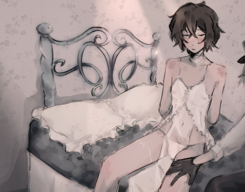 2boys bed blouse blush blushing_male bottom_dazai boy boys brown_hair bsd bungo_stray_dogs bungou_stray_dogs chuuya_nakahara color colored crossdressing crossdressing_male cute dazai_osamu feminine_male feminine_pose gloves hand_on_thigh lingerie nakahara_chuuya osamu_dazai shy shy_expression sitting sitting_up soukoku twink twitter