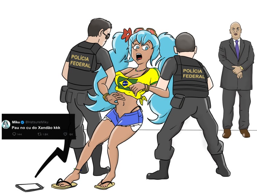 1girls 3boys alexandre_de_moraes bald brazil brazilian brazilian_female brazilian_miku breasts brown_skin cellphone fully_clothed hatsune_miku judge police police_uniform portuguese_text sandals short_shorts simple_background tanned twitter vocaloid xandão