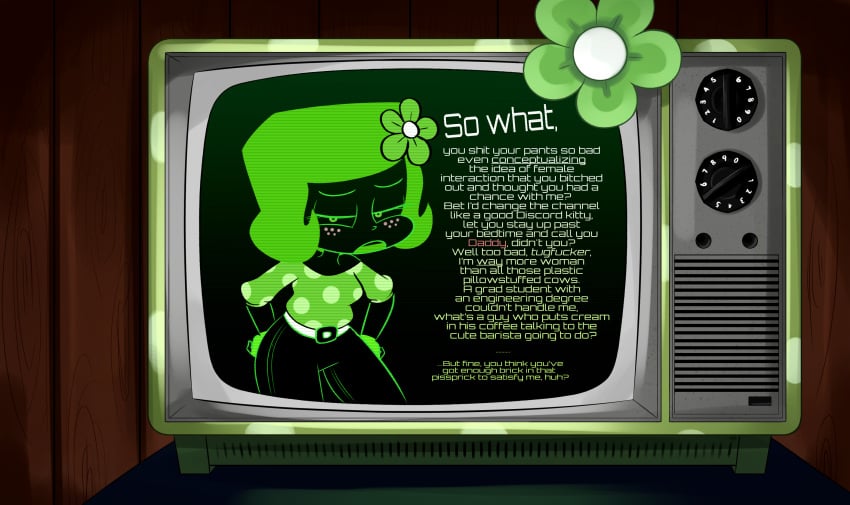 brain_dump burnbot clothed clothing english_text female female flower flower_on_head freckles green_body green_flower green_hair green_skin hotdiggedydemon insult insulting_viewer ota_(artist) short_hair talking_to_viewer television text tv youtube