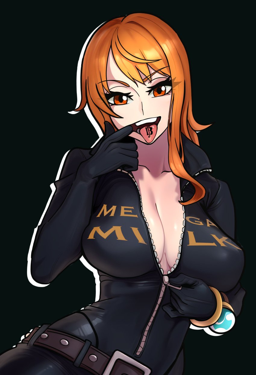 1girls ai_assisted ai_generated big_breasts cleavage female female_only nami one_piece orange_hair redpostit tactical_clothes tongue_tattoo zipper_down