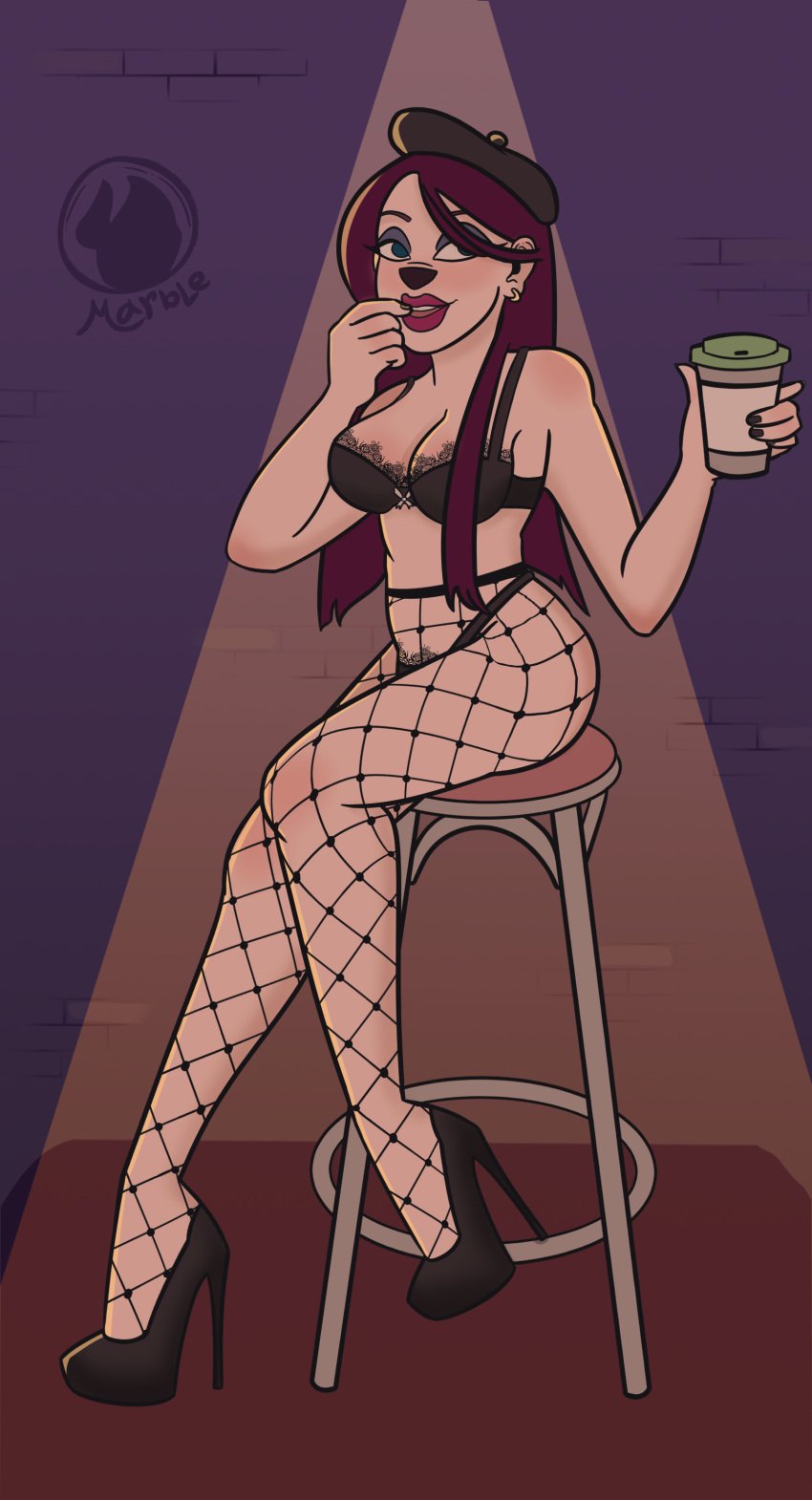 beret_girl coffee disney goof_troop goofy_(disney) lace-trimmed_bra lace-trimmed_panties lingerie purple_hair