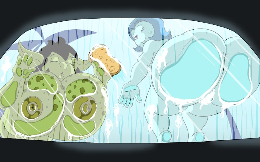 2girls aquamarine_(steven_universe) areolae big_ass big_breasts big_butt blue_body blue_hair borka_(cartoonfan402) breasts_bigger_than_head butt_focus butt_press car cartoonfan402 carwash glass goblin goblin_female green_body green_skin nipple_press nipples original_character pressed_against pressed_on_glass shortstack soap steven_universe summer windshield