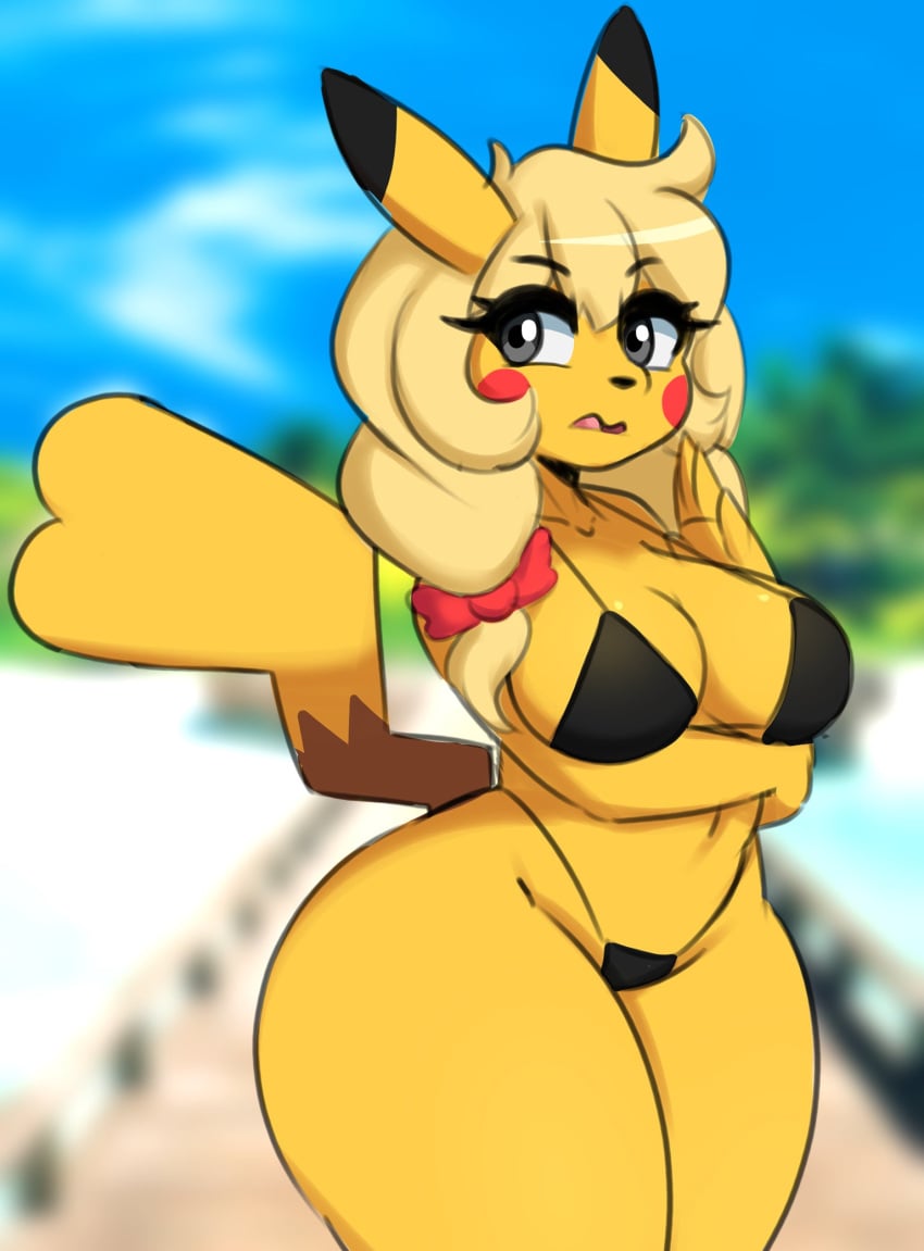 1girls 2024 anthro anthro_only anthrofied arm_under_breasts bikini black_bikini black_eyes blonde_hair bow breasts female furry furry_only hairbow iamkat95 long_hair medium_breasts mouse open_mouth pikachu pokeharlot pokemon pokemon_(species) red_cheeks solo tagme tail thick_thighs yellow_hair yellow_skin