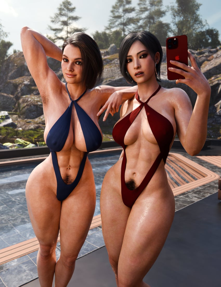 2girls 3d abs ada_wong ada_wong_(adriana) areolae_slip asian asian_female asymmetrical_hair big_breasts black_hair brown_eyes brown_hair cropped_legs excessive_pubic_hair female female_only female_pubic_hair hairy_armpits hairy_pussy happy_trail indoors jill_valentine jill_valentine_(sasha_zotova) lipstick long_sleeves looking_forward mascara muscular muscular_female navel pubic_hair red_lipstick resident_evil resident_evil_2 resident_evil_2_remake resident_evil_3 resident_evil_3_remake short_hair six_pack solo sweater sweaty_body very_hairy_pussy vexonair