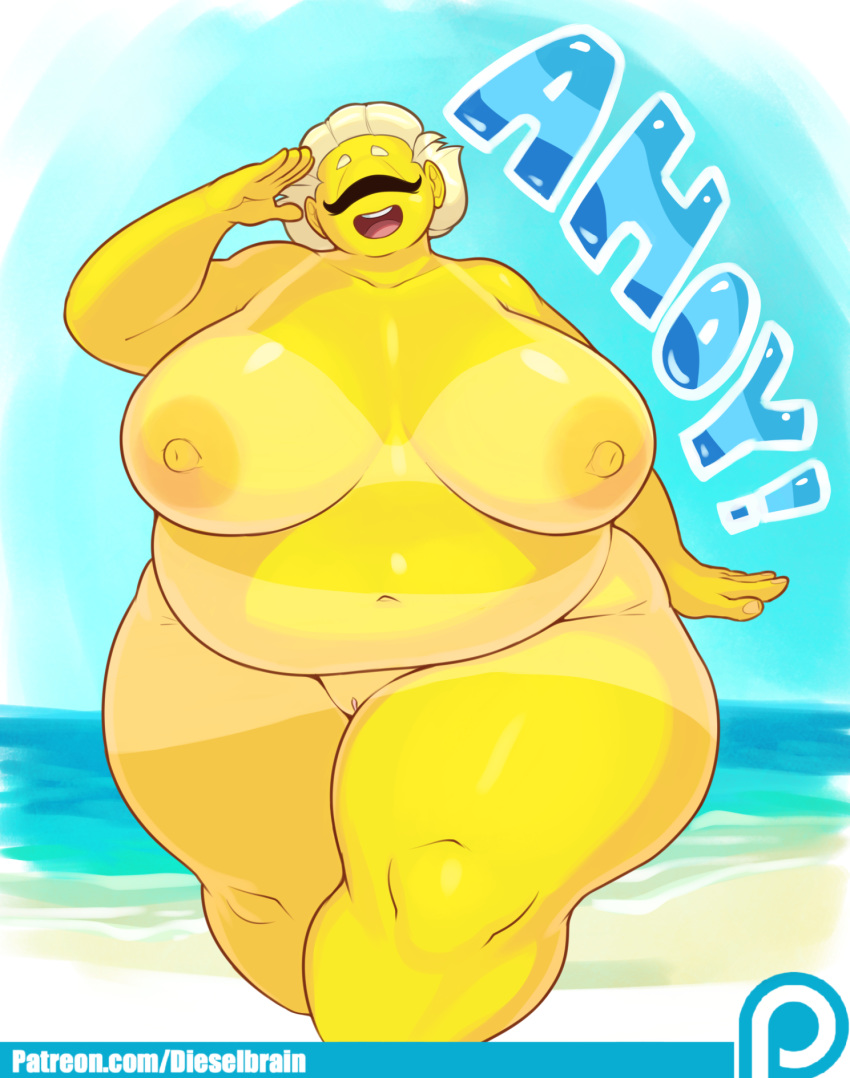 :d belly big_belly big_breasts blonde_hair breasts closed_eyes cyclops dialogue dieselbrain english_text female hair hi_res huge_breasts humanoid navel nipples nude obese open_mouth overweight overweight_female patreon pussy short_hair solo sucy suntan tan_line teeth text thick_thighs tongue url wide_hips yellow_skin