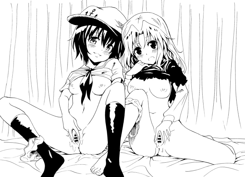 2girls anchor_symbol bar_censor barefoot blush breasts censored commentary_request gin'you_haru greyscale hair_intakes hat head_tilt highres ichirin_kumoi indoors knee_up kneehighs knees_up looking_at_viewer medium_breasts minamitsu_murasa monochrome multiple_girls neckerchief nipples no_bra no_pants open_mouth panties panties_around_leg pussy sailor_hat shirt_lift short_sleeves sitting smile spread_pussy touhou underwear