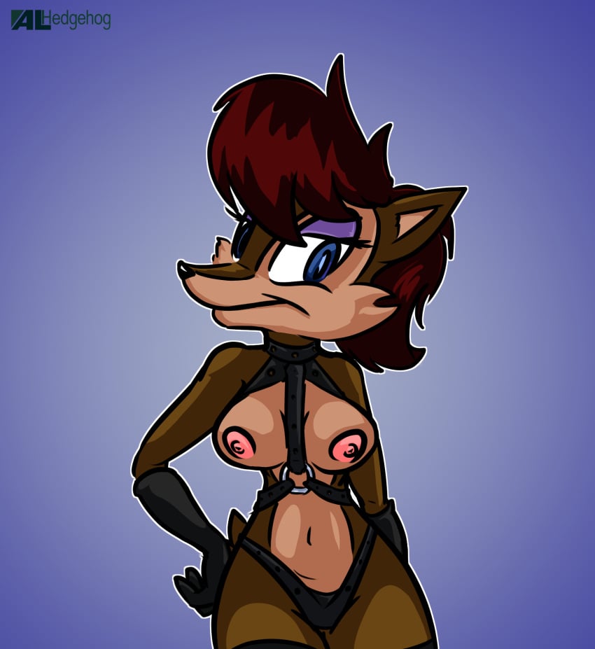 alhedgehog anthro archie_comics blue_eyes breasts chipmunk clothing female female_only furry gloves leather_straps leggings legwear mammal mobian_(species) nipples rodent sally_acorn sega sonic_(series) sonic_satam sonic_the_hedgehog_(archie) sonic_the_hedgehog_(comics) sonic_the_hedgehog_(series) straps