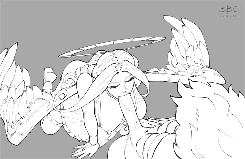 all_fours angel bbc-chan cleavage feathered_wings female halo large_breasts long_hair male monochrome oral skirt toga wings