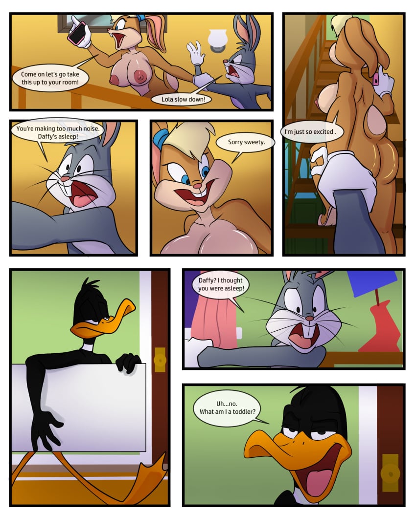 ass breasts bugs_bunny casual comic daffy_duck dialogue electronics female fur handwear jaykasai lagomorph lola_bunny looney_tunes male mammal nude patreon rabbit soft_feathers the_looney_tunes_show warner_brothers