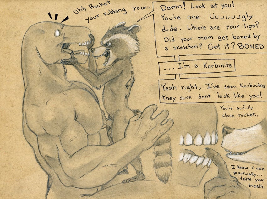 alien anthro balls beta-ray_bill dialogue duo erection finger_in_mouth frottage fur guardians_of_the_galaxy humanoid male male_only mammal marvel muscular open_mouth penis procyonid raccoon rocket_raccoon saliva saliva_string sex sitting size_difference standing thor_(series) tush yaoi