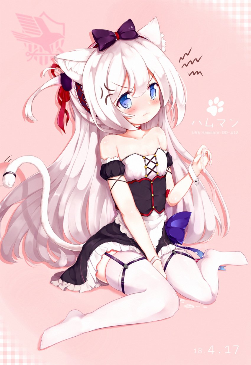 anger_vein animal_ears apron azur_lane bare_shoulders black_bow black_dress blue_bow blue_eyes blush bow cat_ears cat_girl cat_hair_ornament cat_tail character_name choker closed_mouth collarbone cum cum_on_body cum_on_upper_body dated dress female flag_print frilled_dress frills hair_ornament hair_ribbon hairbow hammann_(azur_lane) head_tilt highres hjhhzb kemonomimi_mode looking_at_viewer no_shoes one_side_up plaid puffy_short_sleeves puffy_sleeves red_choker red_ribbon ribbon short_sleeves sidelocks silver_hair sitting solo strapless strapless_dress tail tears thighhighs v-shaped_eyebrows waist_apron wariza white_apron white_legwear wrist_cuffs