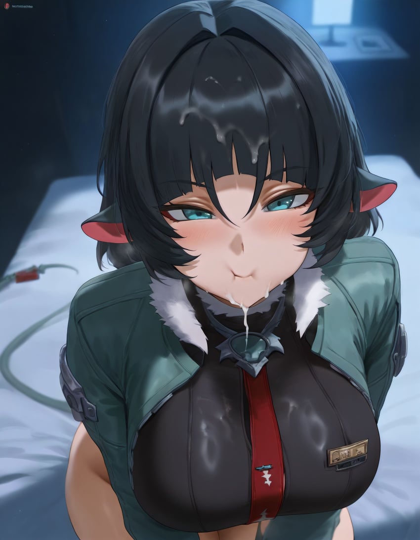 1boy 1girls after_fellatio ai_generated animal_ears bangs bed black_hair blue_eyes blush breasts closed_mouth clothing curvaceous curvaceous_female curvaceous_figure curvy curvy_figure dark-skinned_male facial female female female_focus gloves green_eyes green_jacket indoors interracial jacket jane_doe_(zenless_zone_zero) lamp large_breasts long_sleeves looking_at_viewer male mikayori necktie on_bed penis semen semen_in_mouth semen_on_body semen_on_hair shirt short_hair solo solo_focus straight stray_pubic_hair tail voluptuous voluptuous_female zenless_zone_zero