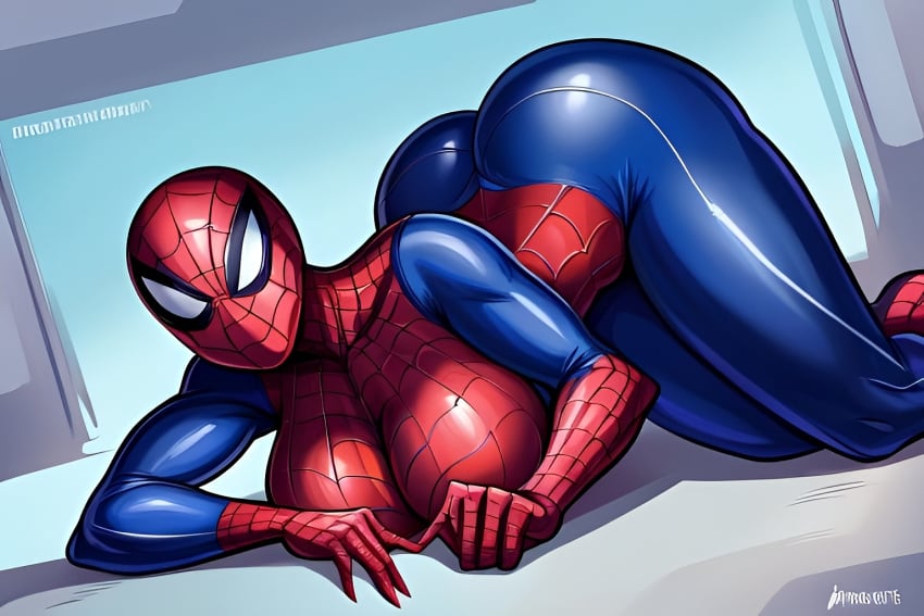 ai_generated ass big_ass big_breasts female jack-o_pose lying_down marvel marvel_comics solo spider-girl spider-man_(series) spider_girl superheroine thick_thighs