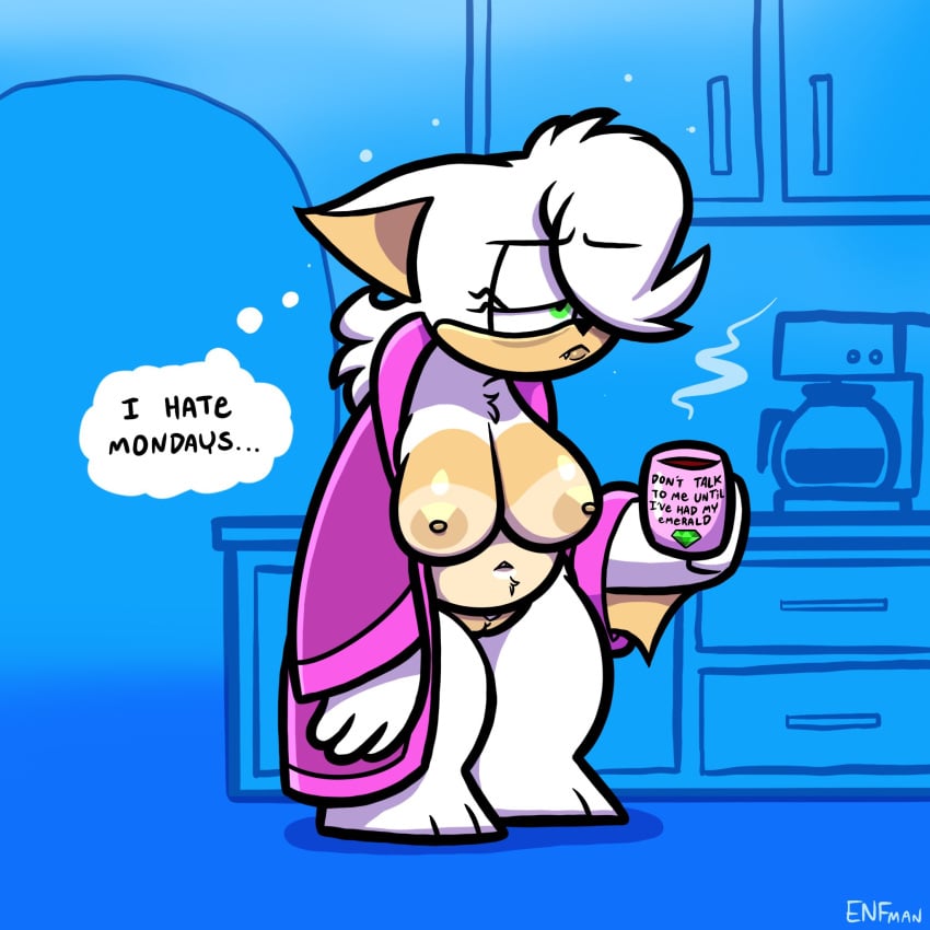 1girls bathrobe breasts chubby coffee_mug female nude pussy rouge_the_bat sonic_(series) tagme theenfman tired