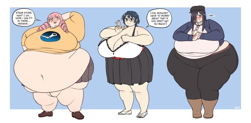 3girls belly belly_overhang better_with_salt blue_eyes blue_hair blush burn_scar cleavage clothed clothed_female clothing dark_blue_hair dialogue double_chin drill_hair facial_scar fat fat_arms fat_ass fat_belly fat_face fat_female fat_fetish fat_thighs fat_woman female female_only gold_eyes grey_eyes hair_over_one_eye hakamichi_shizune hi_res highres huge_ass huge_belly huge_breasts huge_thighs ikezawa_hanako katawa_shoujo large_breasts midriff mikado_shiina morbidly_obese morbidly_obese_female navel obese obese_female overweight_female pink_hair purple_hair short_hair sign_language skirt speech_bubble steam_(software) valve valve_(company) wide_hips