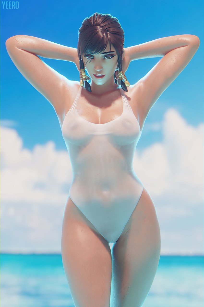 1girls 3d areolae armpits arms_up beach black_hair blender blizzard_entertainment breasts brown_eyes brown_hair brunette cameltoe covered_navel dark-skinned_female dark_skin egyptian eyeshadow female female_only fringe hands_behind_head highleg highres hourglass_figure leotard lifeguard_pharah lipstick looking_at_viewer medium_breasts naughty_face navel nipples one-piece_swimsuit overwatch pharah ponytail pussy seductive see-through see-through_swimsuit solo sweat swimsuit tattoo wet wet_clothes white_leotard yeero