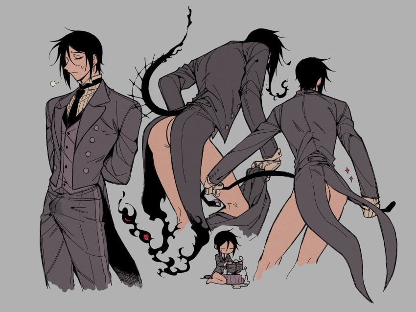 1boy bishonen black_hair bulge closed_eyes coattails commentary cowboy_shot demon_boy demon_tail erection erection_under_clothes gloves grey_background grey_suit highres kuroshitsuji male_focus multiple_views sebastian_michaelis short_hair simple_background skinny suit tail undressing viiperfish