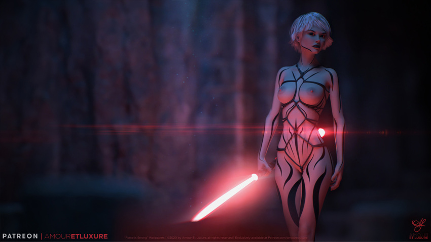 1girls 2020 3d amouretluxure artist_logo artist_name black_markings copyright_notice depth_of_field english_text female female_only glowing_eyes gray_hair grey_hair grey_skin grey_skin holding_object holding_weapon large_breasts lightsaber markings nude nude_female original original_character outdoor outdoor_nudity outdoors outside red_eyes red_lightsaber short_hair sith solo solo_female standing straps white_body white_hair white_skin