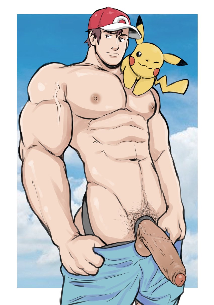 abs balls bara biceps big_balls big_penis boner cock_ring erection hoybarartist male male_nipples male_only manly muscular_male nintendo nipples pecs penis pokémon_(species) pokemon pokemon_(species) red_(pokemon)